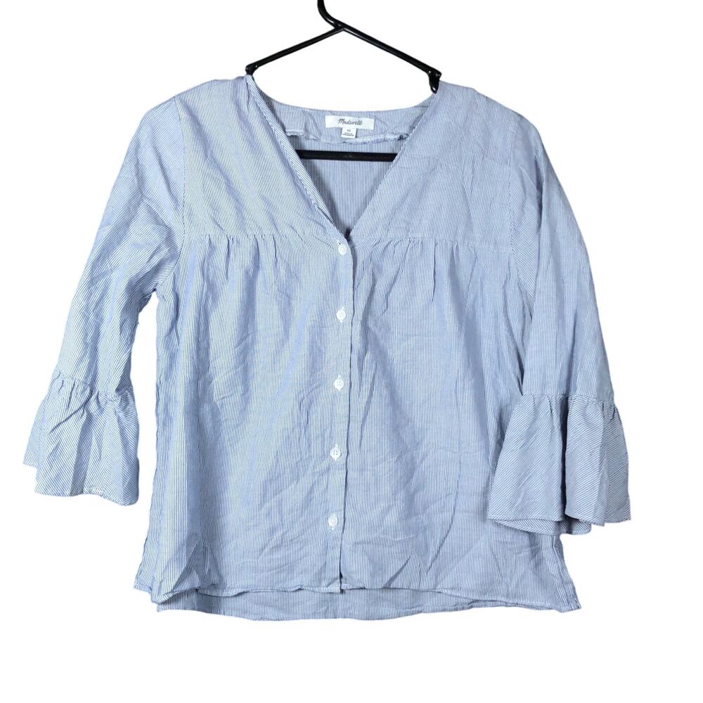 Madewell Womens Shirt Blue White Veranda Bell Sleeve Button Down XS